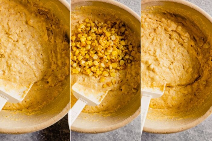step by step images showing how to whisk together cornmeal pancake batter