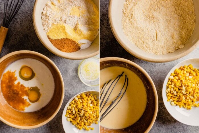 step by step images showing how to whisk together ingredients for pancakes