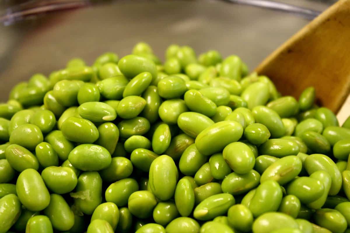edamame beans in a large glass bowl