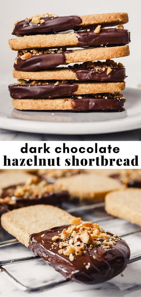 two photos of chocolate-dipped shortbread in a collage with recipe text overlay