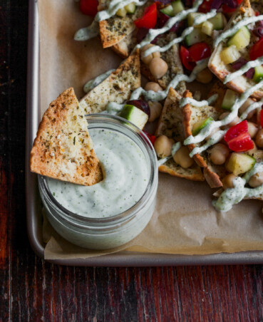 Greek Nachos with Feta-Yogurt Sauce | from Lauren Grant of Zestful Kitchen