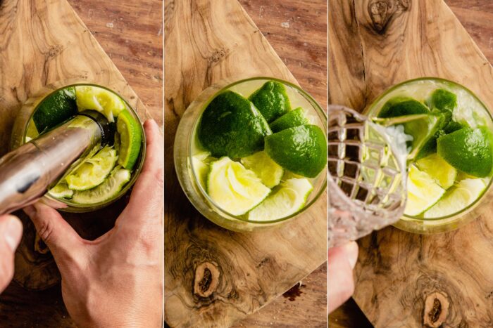 grid of three images showing how to muddle limes with sugar, muddled limes in a rocks glass, and adding cachaca to a cocktail glass with lime