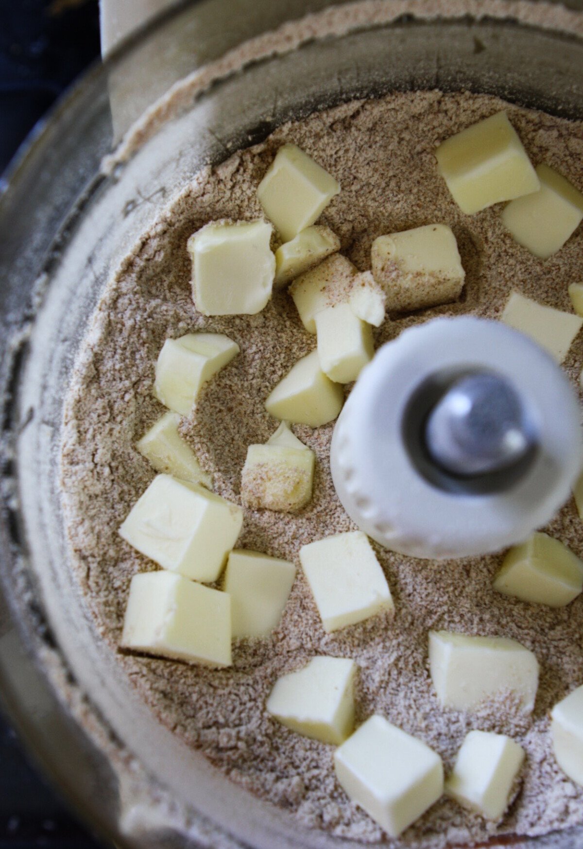Photograph of whole wheat graham cracker dough in a food processor