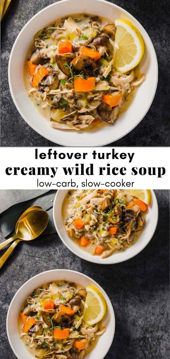 Collage of photos of creamy wild rice soup with recipe text overlay
