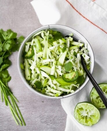 Simple and versatile, this vibrant green slaw makes a perfect side dish or addition to just about any meal. Packed with flavor from cilantro and dill, green apple, jalapeño, and more, this simple slaw is healthy, delicious, and refreshing. | from Lauren Grant of Zestful Kitchen