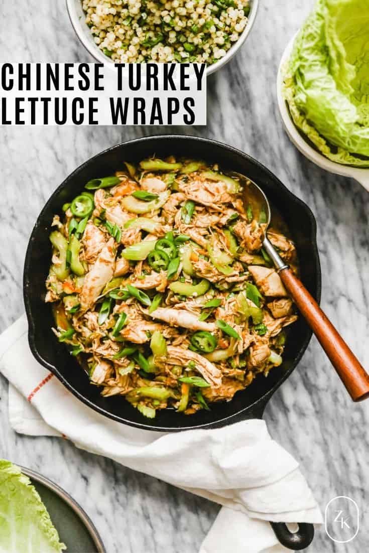 Overhead image of turkey lettuce wraps in a cast iron skillet with recipe text overlay