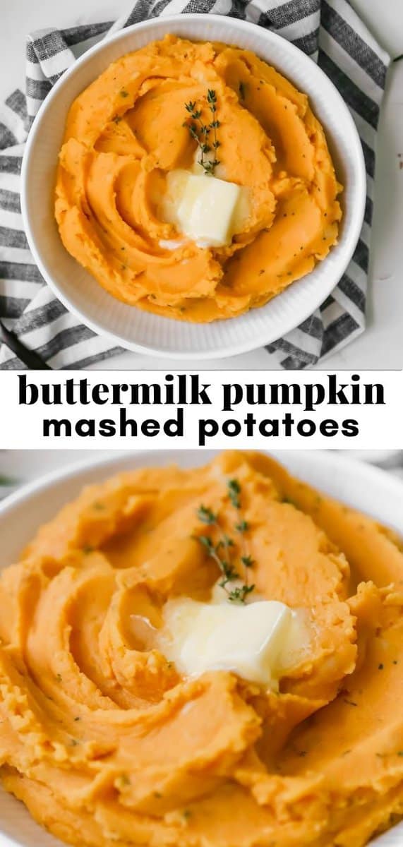 Overhead photos of pumpkin mashed potatoes