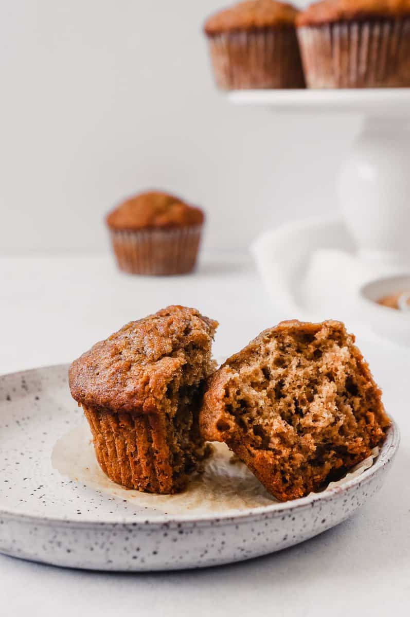 Photograph of banana bread muffin on a plate