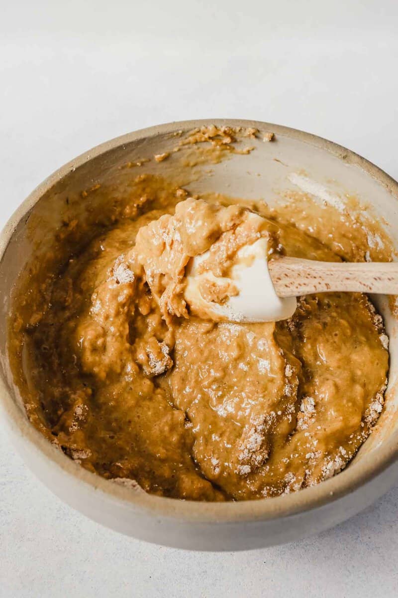 Photograph of whole wheat banana bread batter being mixed