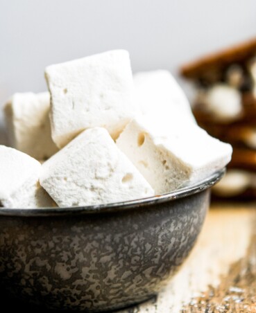 Photograph of homemade marshmallows in a metal bowl