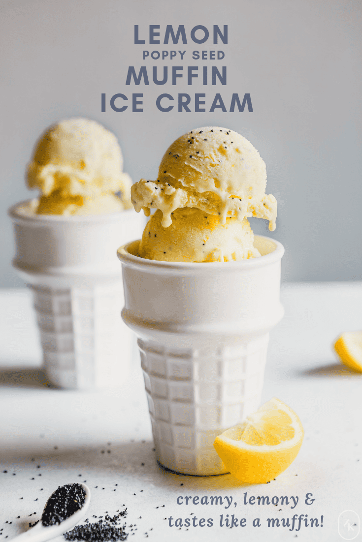 Photograph of lemon ice cream scoops stacked in two white porcelain cones