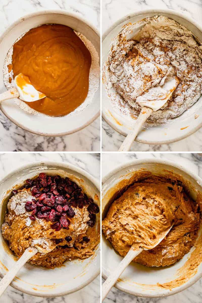 grid of images showing how to mix up a quick bread batter
