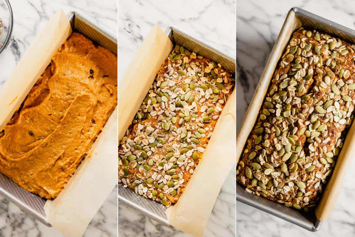 grid of three images showing a orange-colored batter in a quick bread pan, another image with seeds on top and a third image showing it baked in the pan