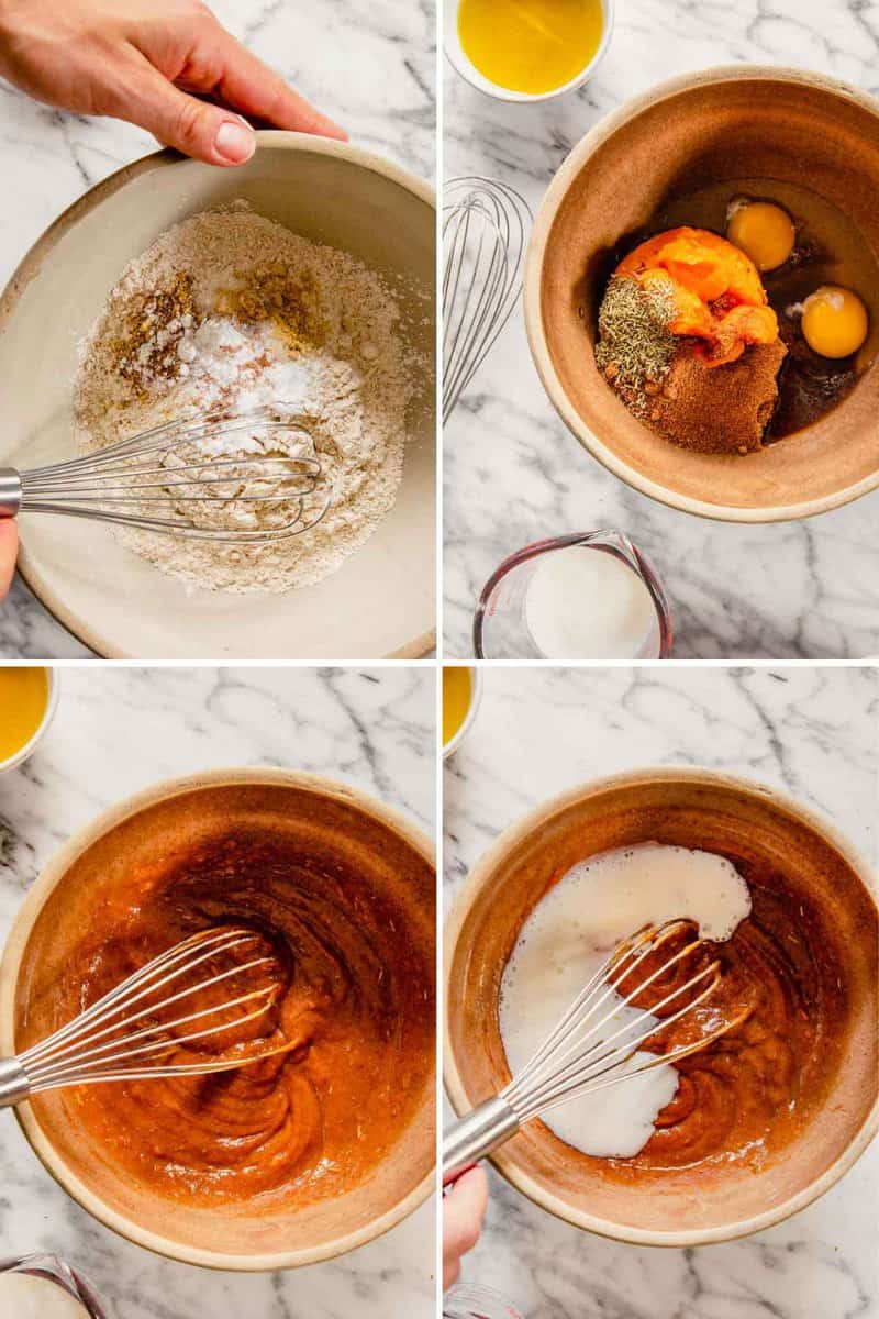 grid of images showing how to mix up a quick bread batter