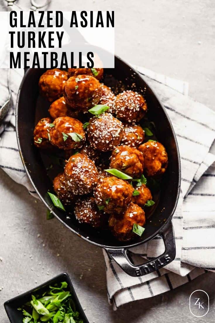 Overhead image of glazed asian turkey meatballs with recipe name overlay.