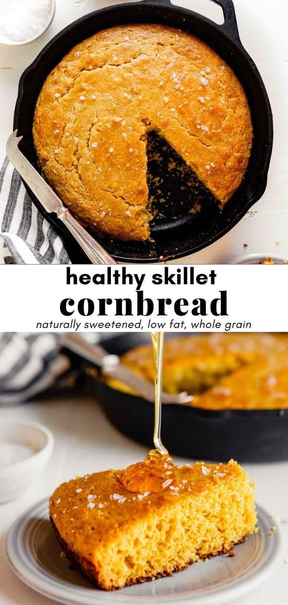 Side image of honey drizzling over cornbread with recipe title text overlay