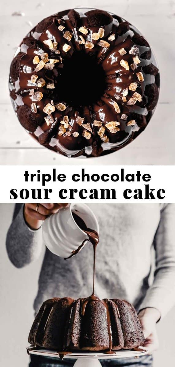 Two images of a glazed chocolate bundt cake arranged in a collage with text overlay