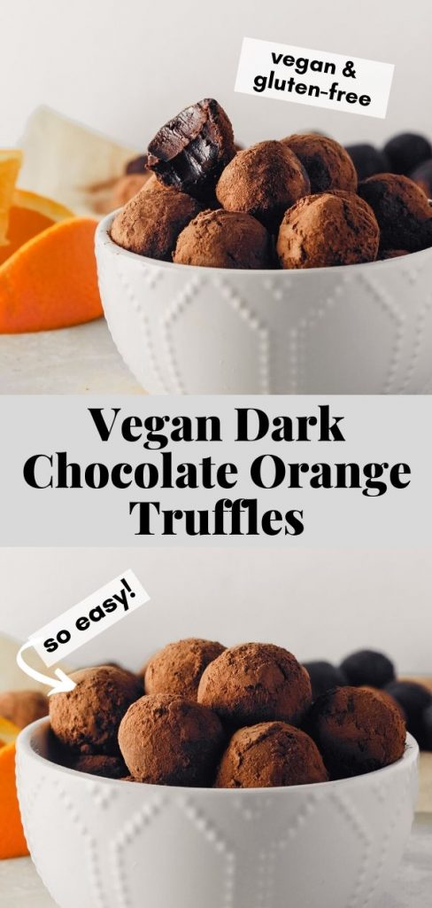 Photograph of vegan dark chocolate truffles stacked in a white bowl, one with a bite taken out of it.