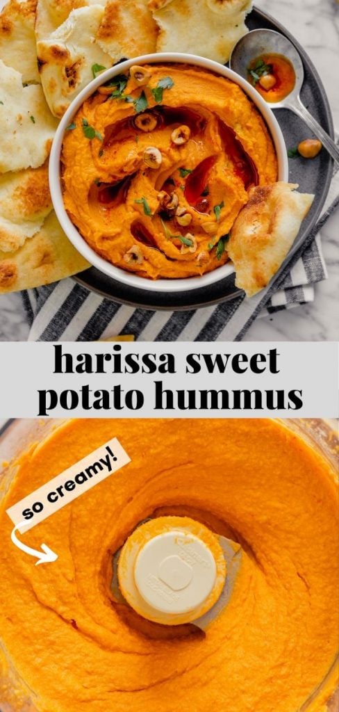 Photo collage of two images of sweet potato hummus, one photo of hummus in food processor, the second in a bowl topped with hazelnuts and parsley