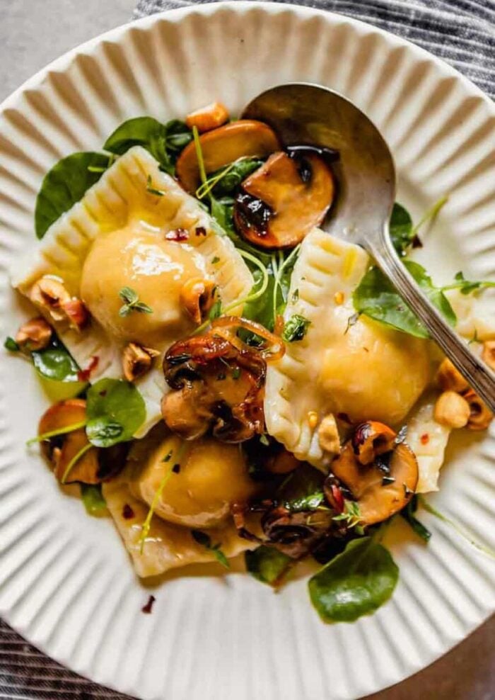 Vegan Sweet Potato Ravioli with Mushrooms & Hazelnuts