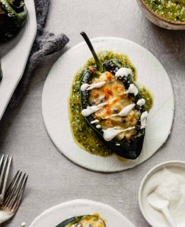 image of stuffed poblano peppers on white plates set on a gray background with salsa in a bowl off to the side