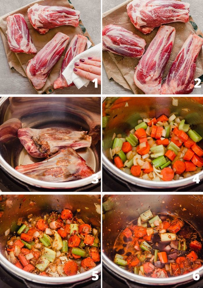 grid of step shot images of making lamb shanks: patting meat dry, seasoning meat, searing meat, sauteeing veggies, simmering veggies in red wine