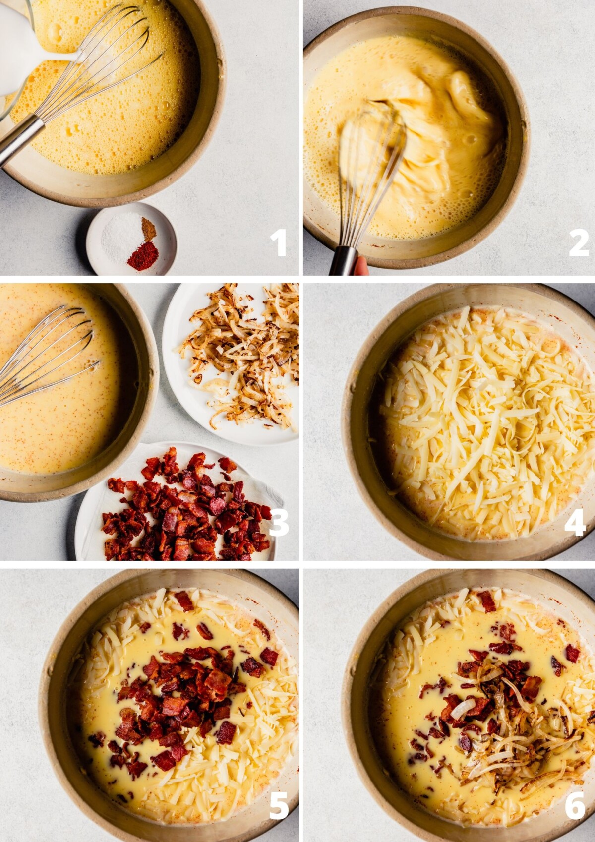 grid of images showing step-by-step process for making crustless quiche