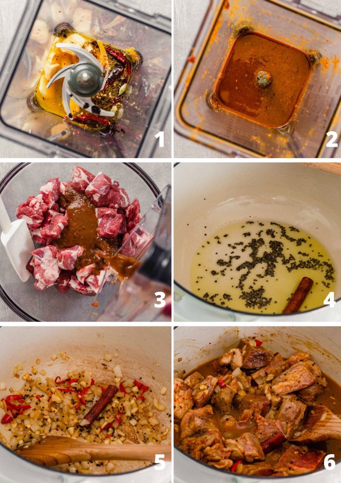 overhead image of multiple images showing the steps for how to make Lamb Vindaloo