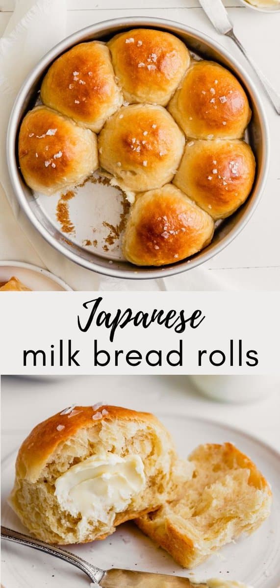 Overhead image of Japanese Milk Bread Rolls in a. cake pan with a roll taken out and butter set up to the top right