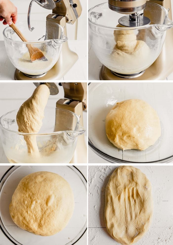 grid of step shot images showing combining ingredients in a sand mixer, mixing the dough, and proofing the dough
