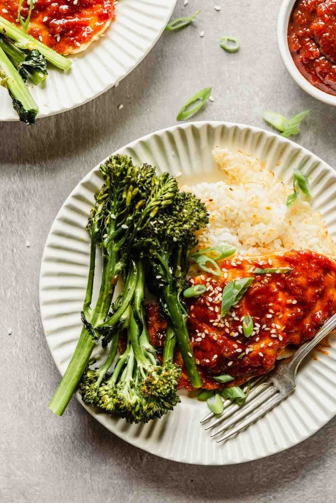 Sheet Pan Gochujang Chicken with Broccolini & Crispy Rice (GF)