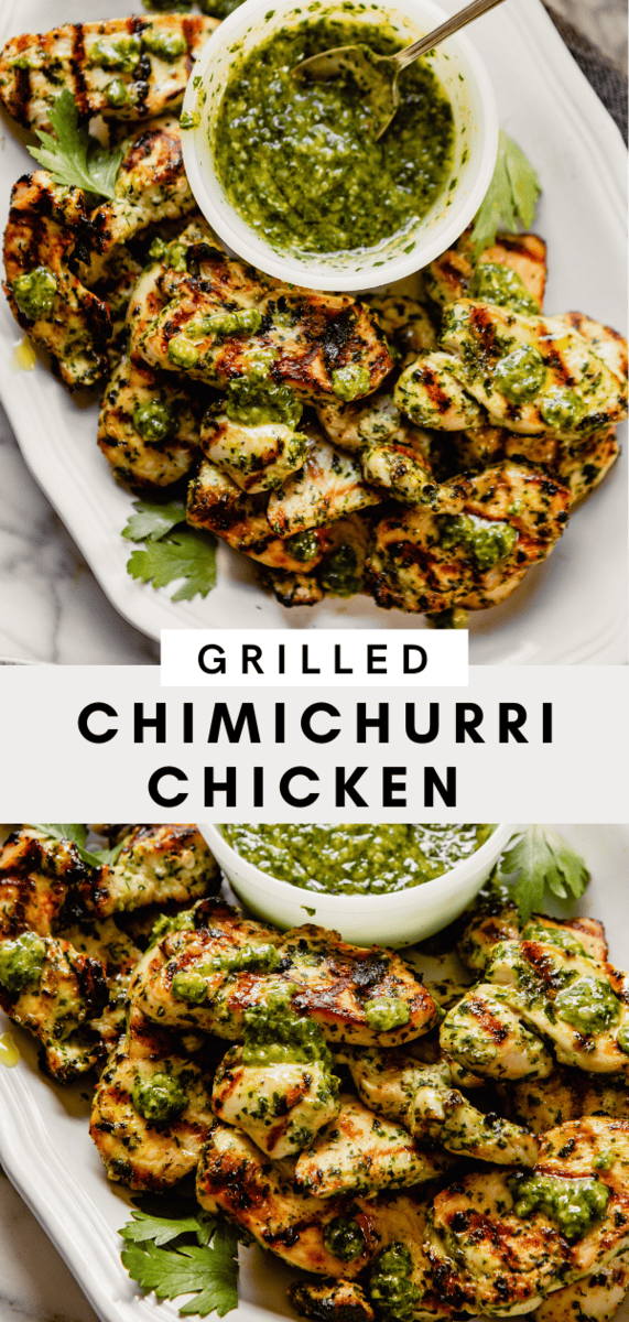 grilled chimichurri chicken breast one a white plate with a bowl of chimichurri set off to the side