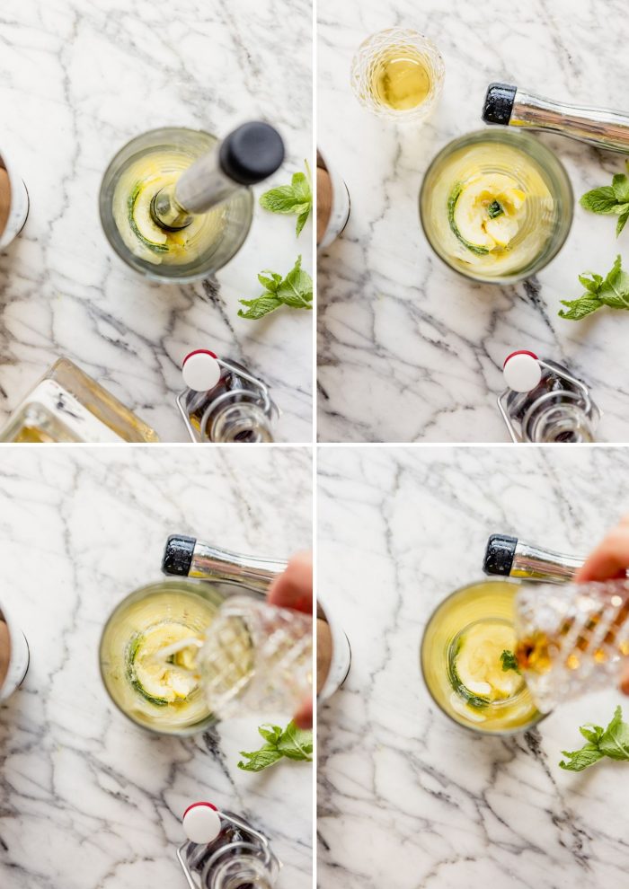 grid of four images showing process of making cocktail. muddling mint and lemon, adding bourbon, adding maple syrup.