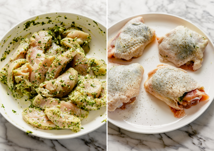 two photos side by side, one photo is a white bowl filled with sliced chicken breast tossed with chimichurri and the second image is chicken thighs with chimichurri sauce tucked underneath the skin