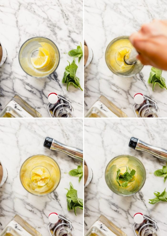 grid of four images showing process of making cocktail. Adding lemon, muddling lemon, adding mint.