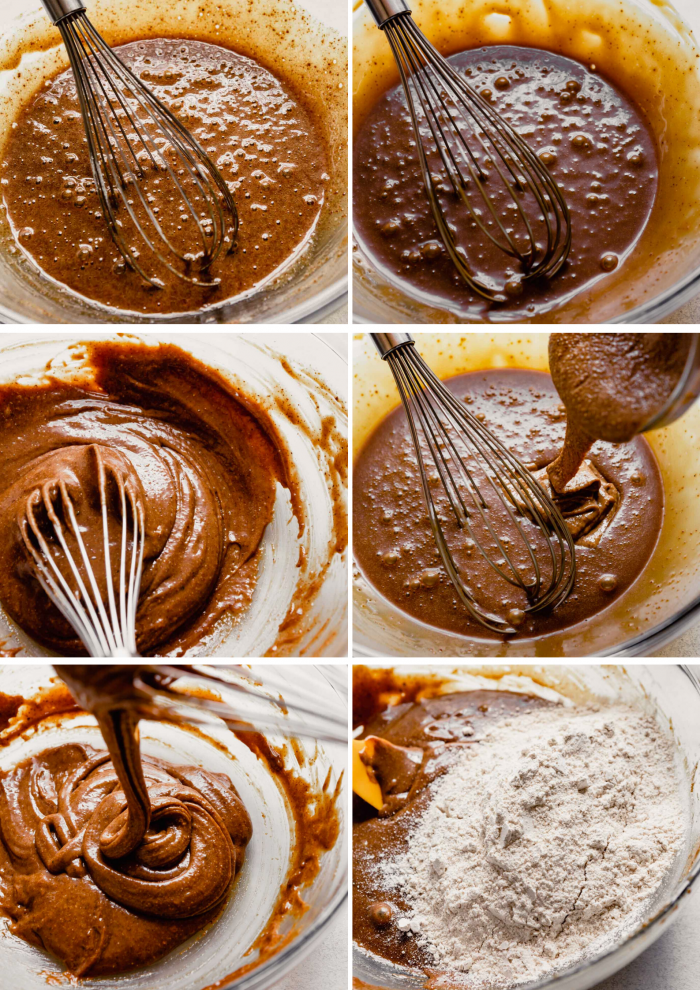 grid of step shots showing the process of making cookies: sugar, oil and eggs whisked together, addition of almond butter, sugar and almond butter mixed together, flour added to sugar mixture