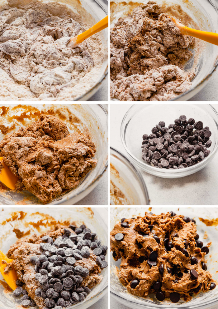 grid of step shots showing the process of making cookies: cookie dough in a bowl, chocolate chips in a bowl, chocolate chips added to dough