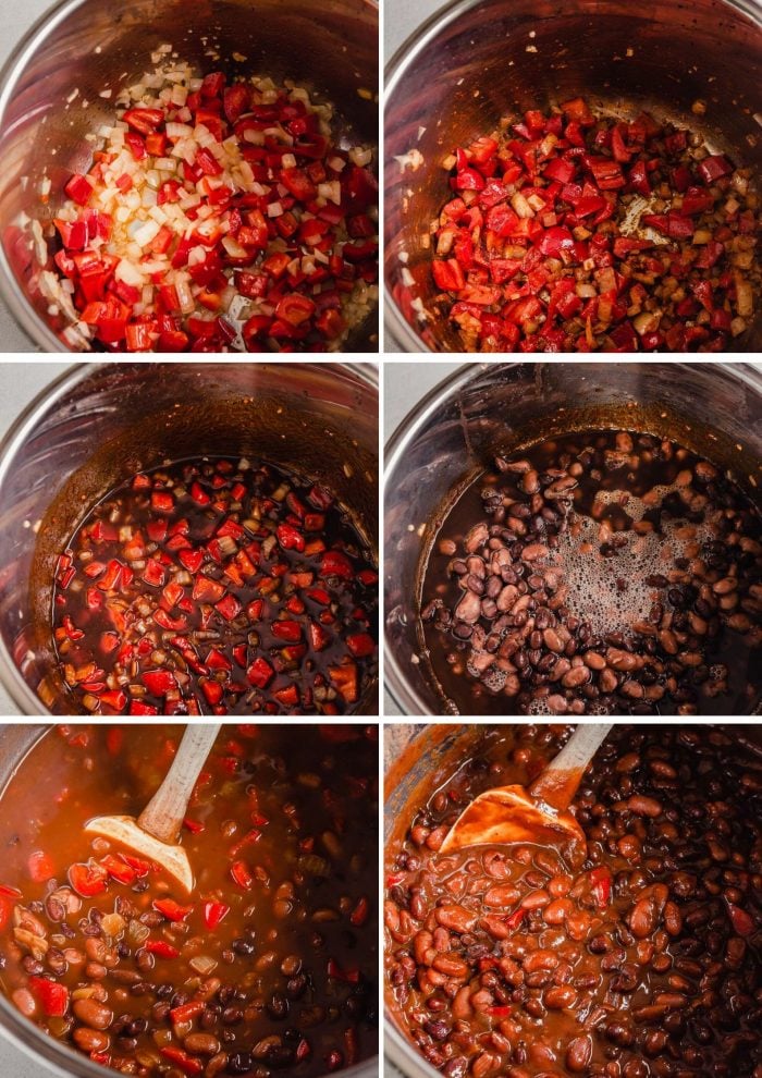 grid of step shot images of making baked beans in an instant pot (sauteeing vegetables, adding spices to pot, adding liquid, adding beans, simmering beans)