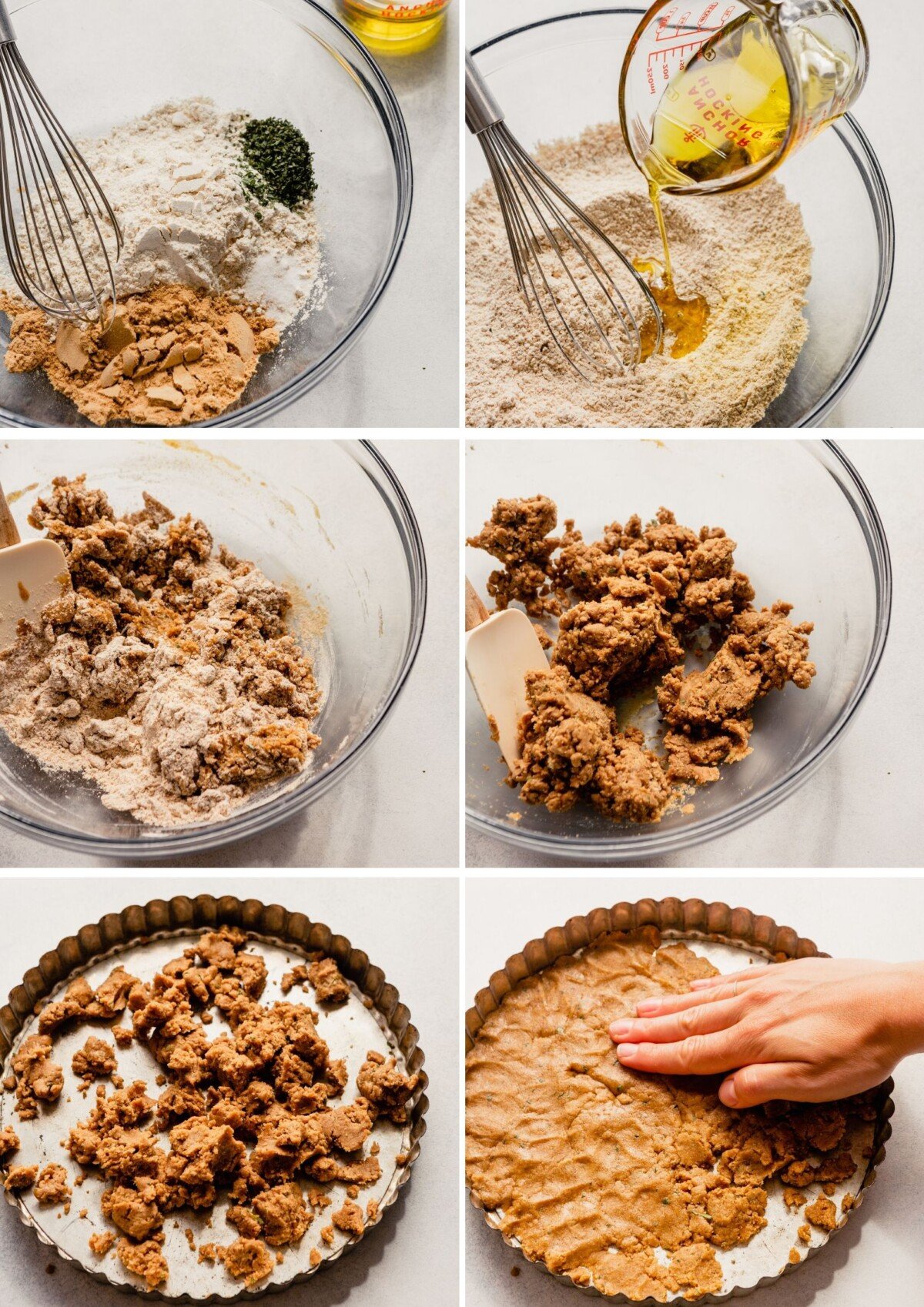 grid of images showing the process of making the tart crust—combining dry ingredients in a bowl, adding wet ingredients, mixing, pressing in to tart pan