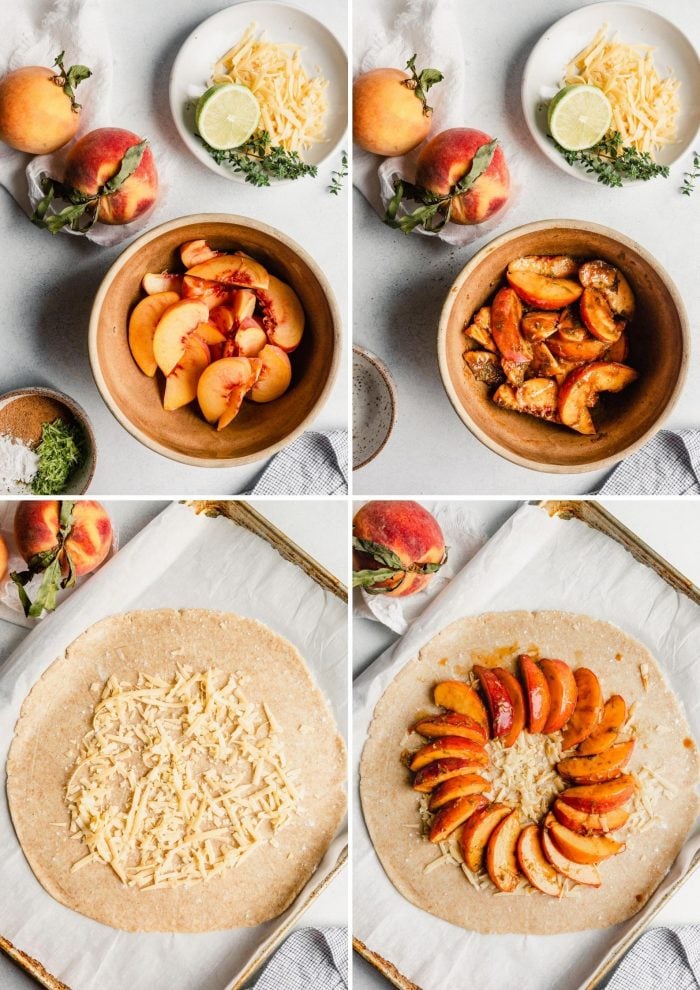 grid of images showing how to make a peach galette