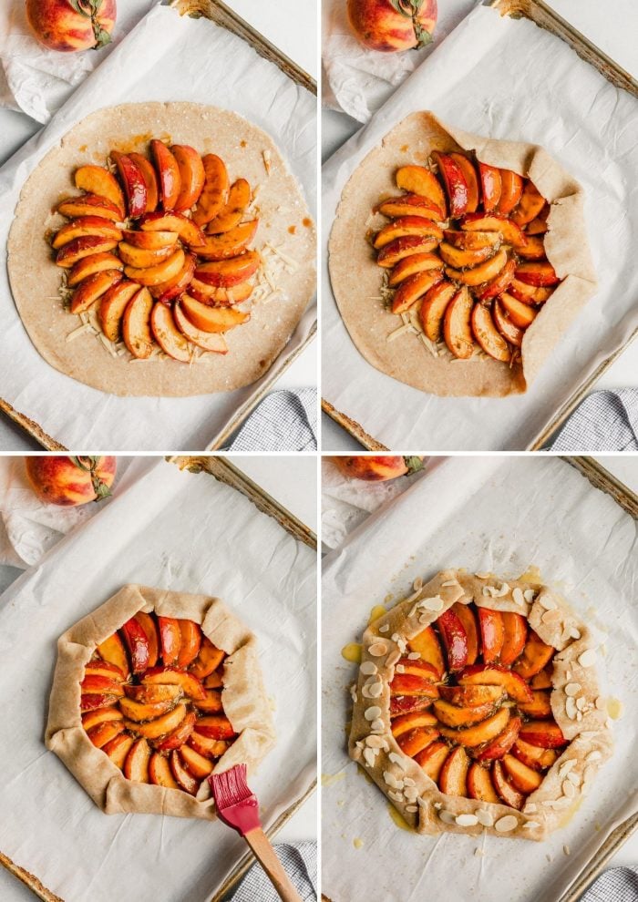 grid of images showing how to make a peach galette