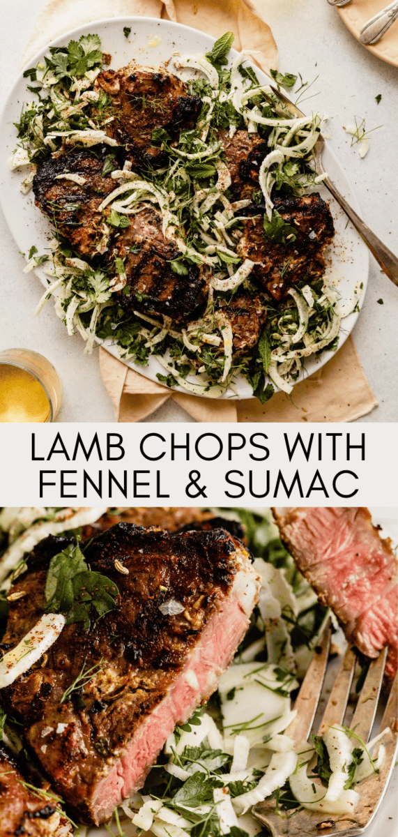 lamb chop sliced into on a plate with fennel salad