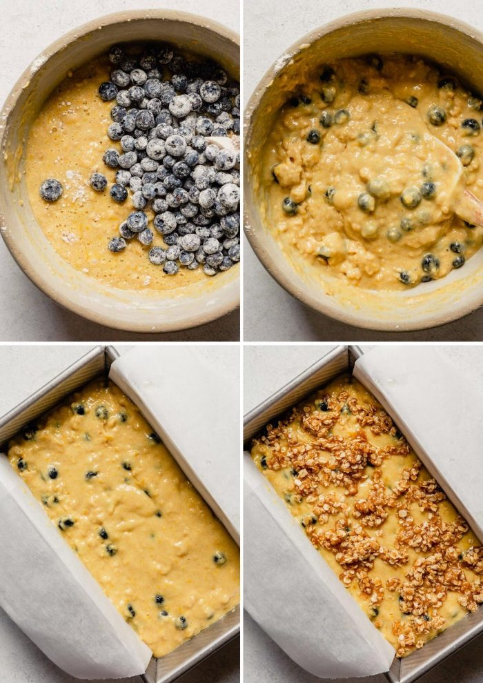 grid of images showing the steps to making lemon blueberry bread; adding blueberries to batter, mixing, adding to a loaf pan, topped with crumb topping