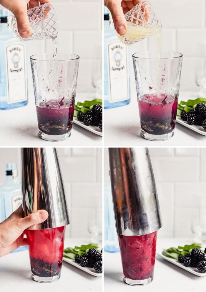 grid of images showing the process of making a blackberry gin basil smashL adding gin, adding lemon juice, shaking the cocktail