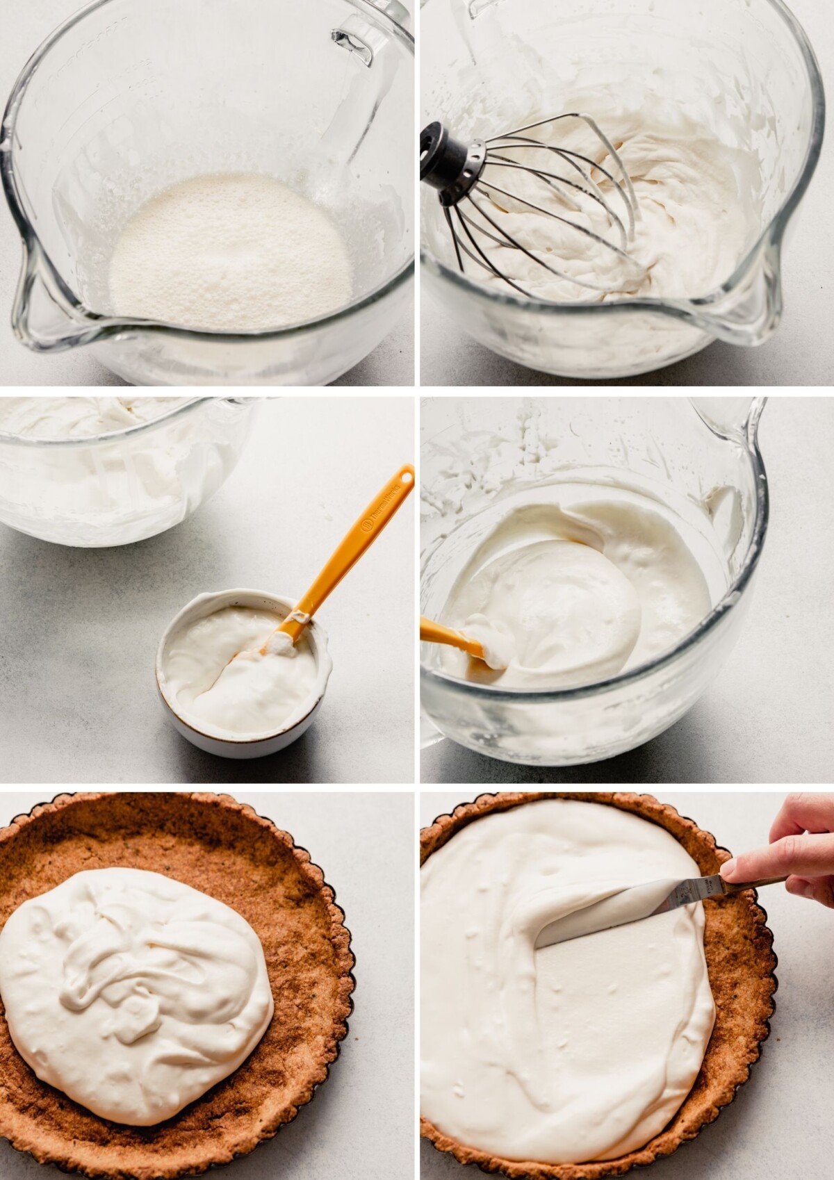 grid of images showing the process for making the whipped filling—whipping the cream to stiff peaks, combining the cream with mascarpone, spreading filling into tart crust