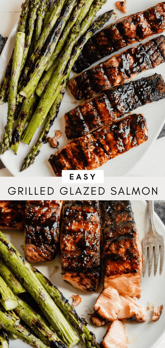 glazed salmon fillets on a plate with grilled asparagus