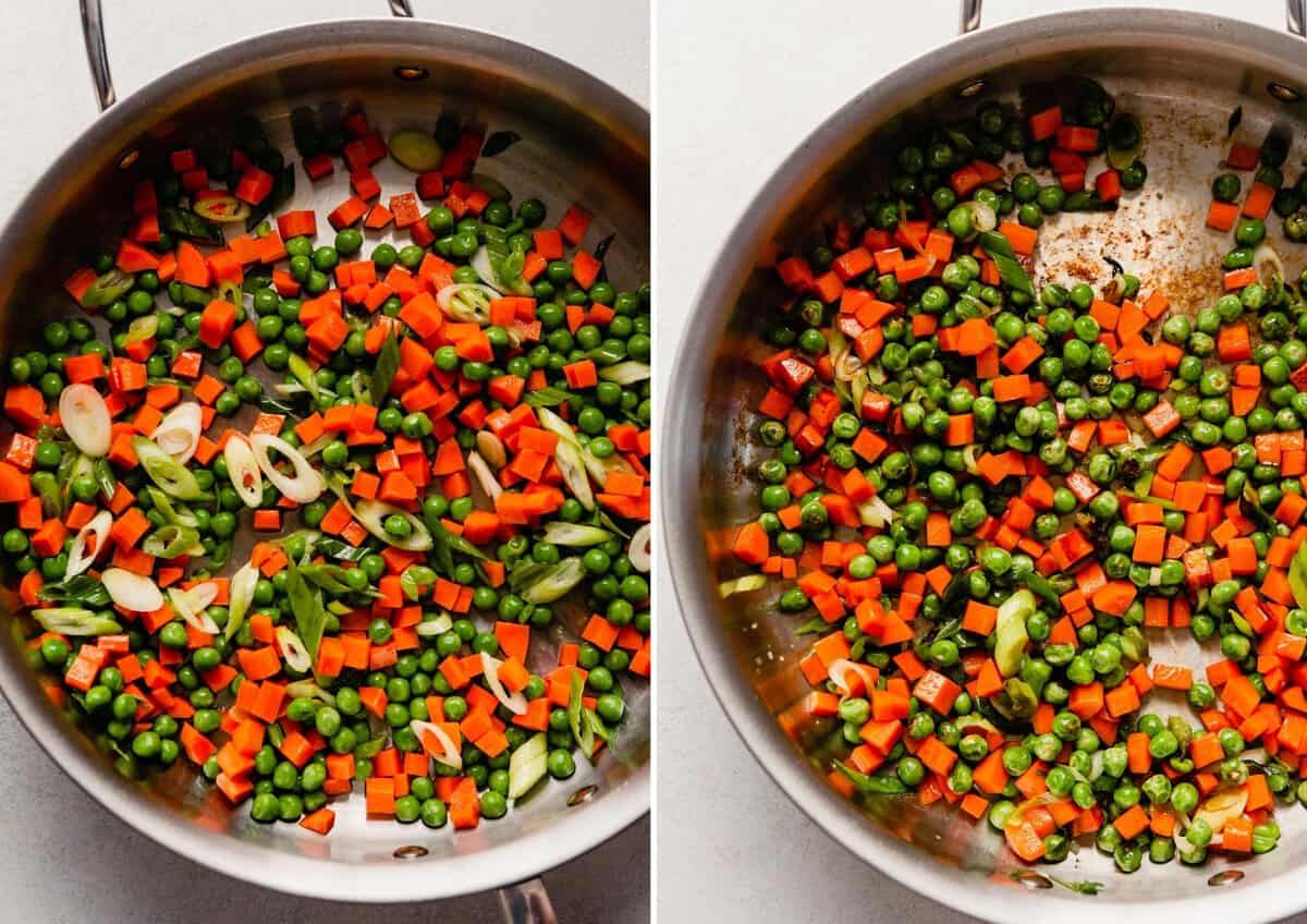 grid of images showing upcooked veggies in a pan and cooked veggies in a pan