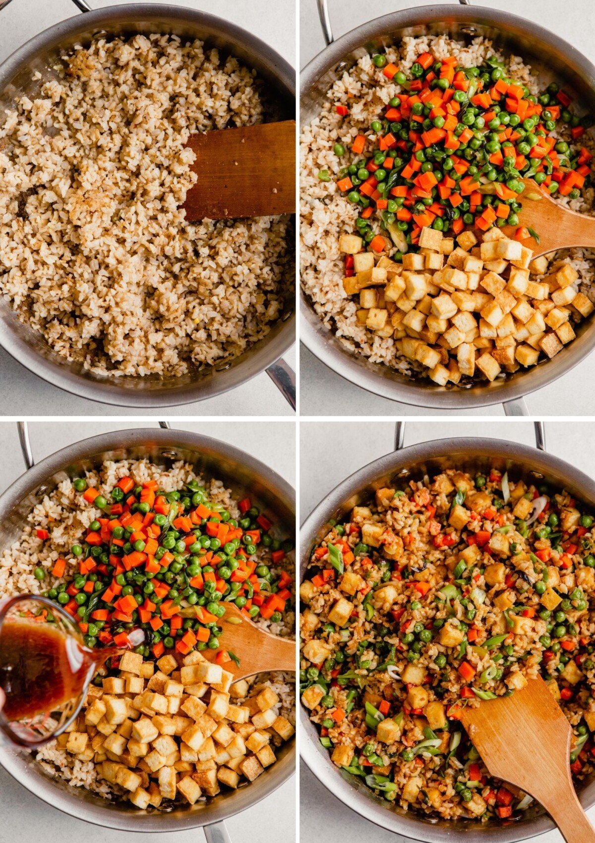 grid of images showing how to make fried rice—cooking rice, adding veggies, adding tofu, adding sauce