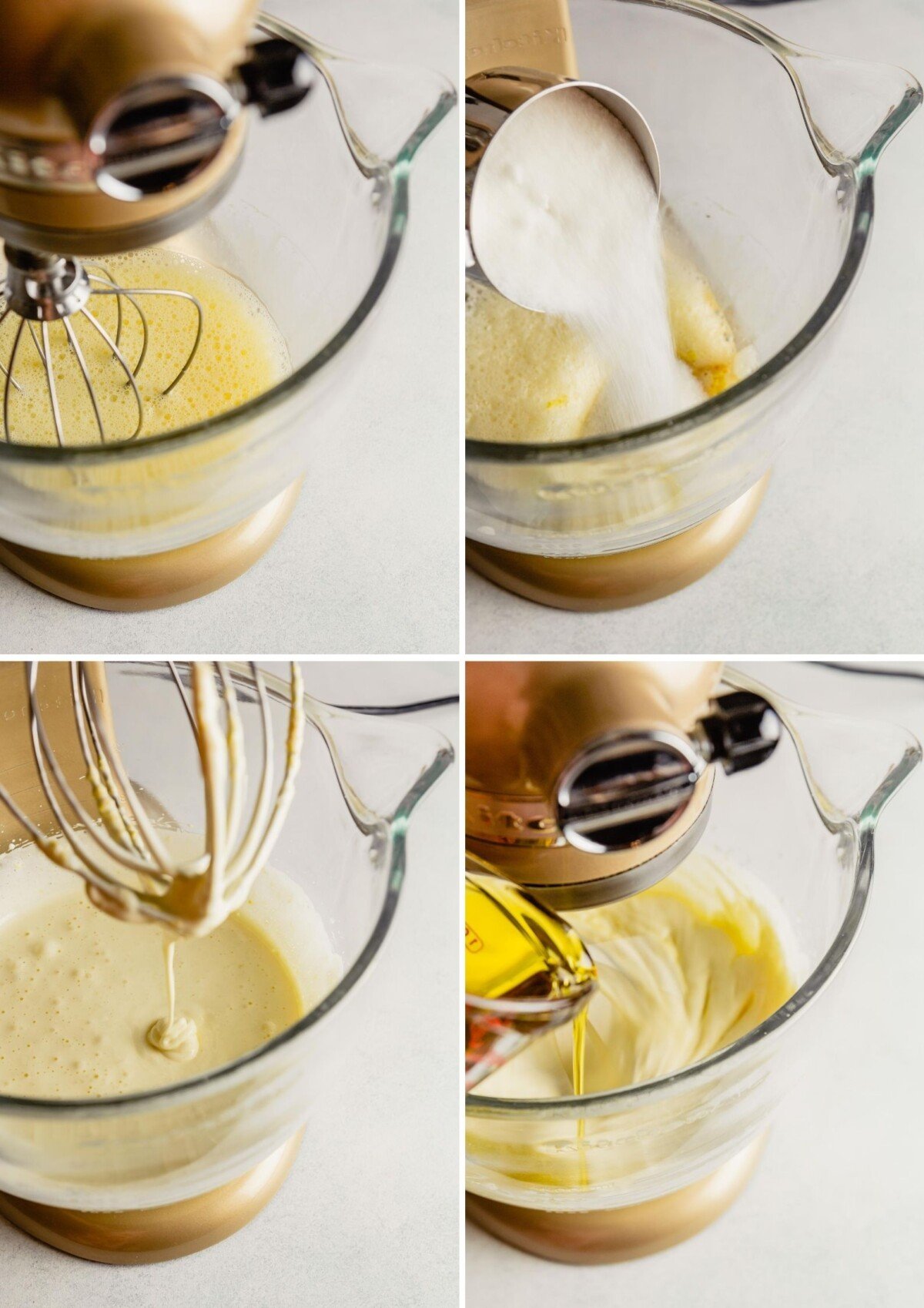 grid of images showing the process of making cake—whipping eggs, adding sugar, adding oil