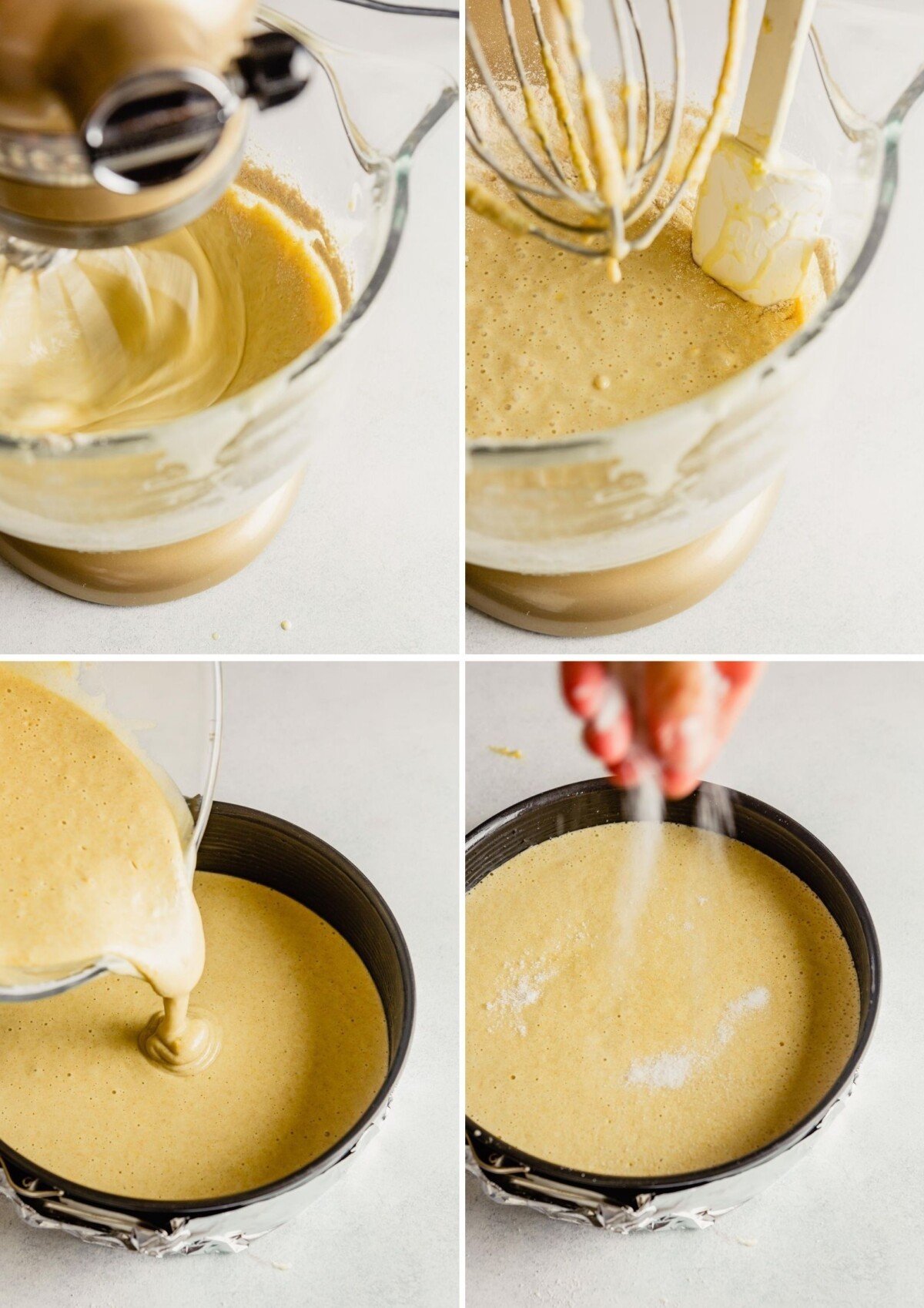 grid of images showing the process of making cake—whipping batter, scraping sides of bowl, adding batter to pan, sprinkling with sugar